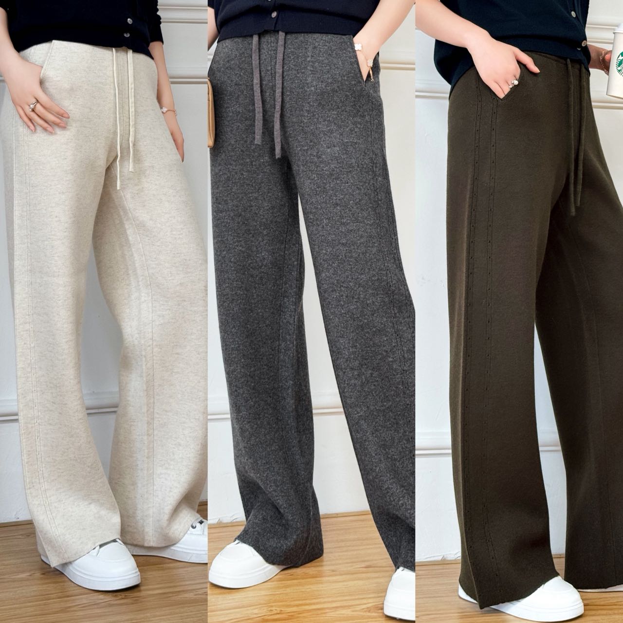 新款休闲外穿高腰直筒显高显瘦窄版直筒针织女裤