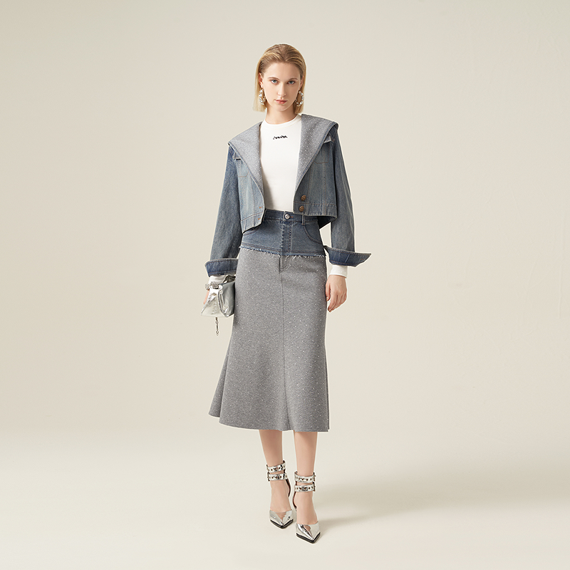 商场同款-ANMANI恩曼琳25春季新款牛仔拼接烫钻长半身裙R303002C