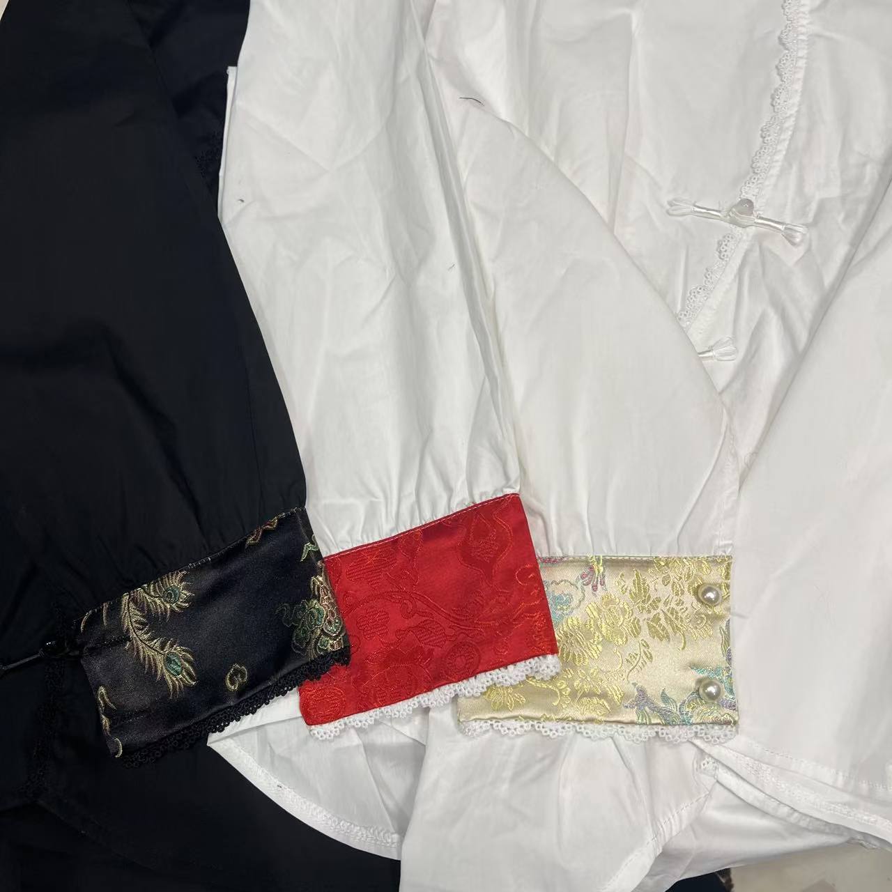 【甄胖·衬衫】新中式大码女装拼宋锦棉衬衫