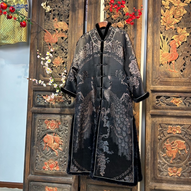 老料织锦满金系列新中式提花貂毛风衣