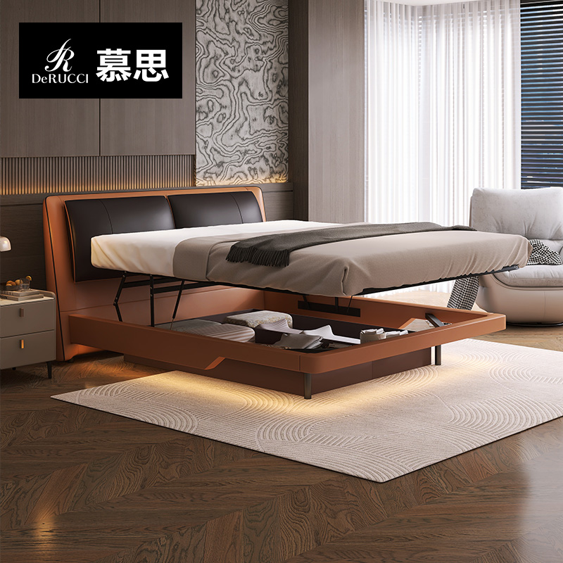 慕思高箱悬浮储物真皮床主卧双人床现代简约储物床小蛮腰027-L
