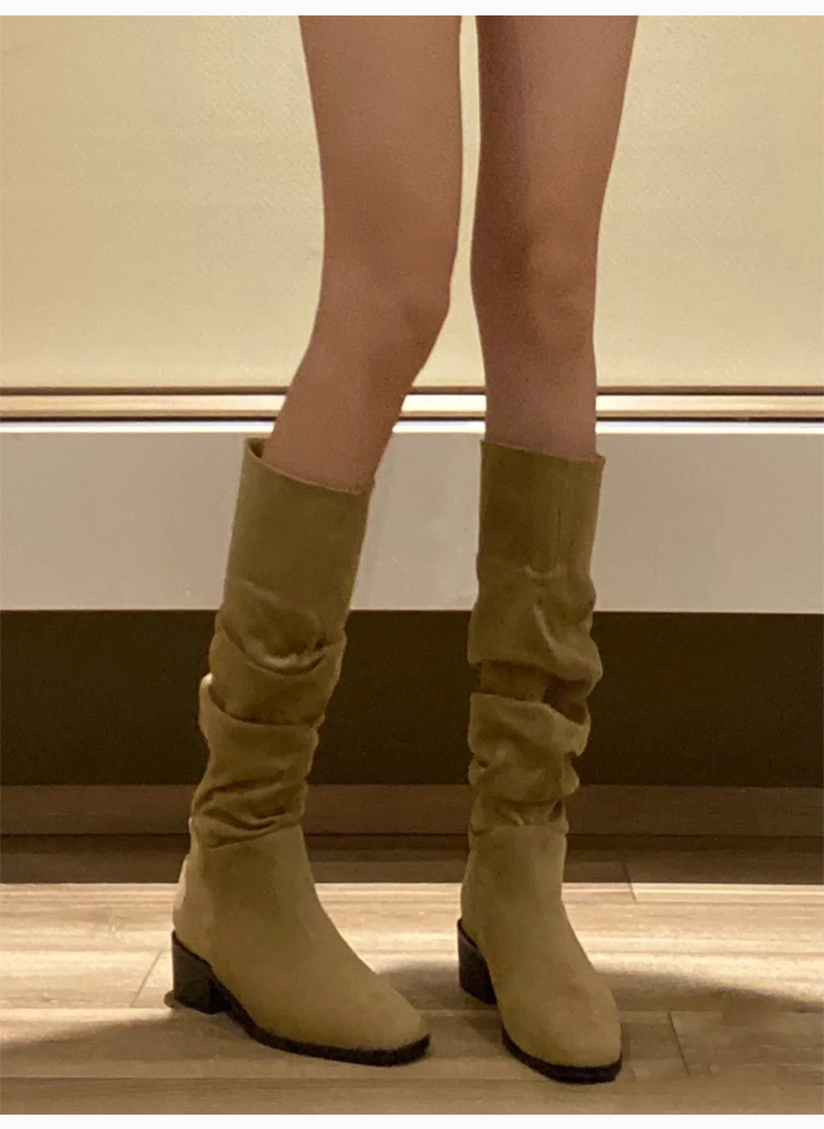 骑士靴堆堆靴2025夏季新款方头粗跟褶皱靴西部牛仔靴子女长筒靴女