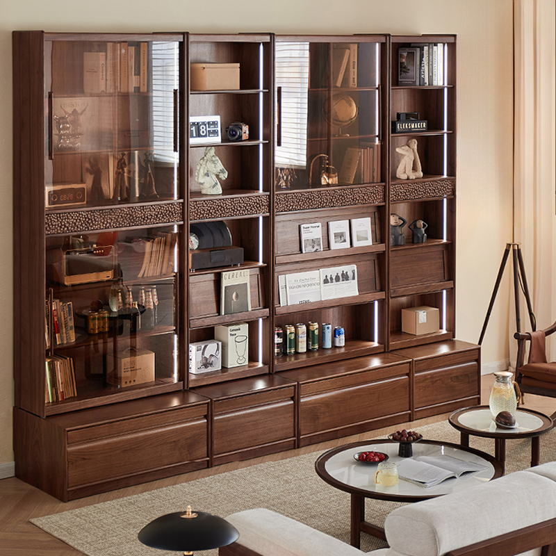 致典北美黑胡桃木书柜客厅满墙组合落地书架卡座书柜书橱储物柜