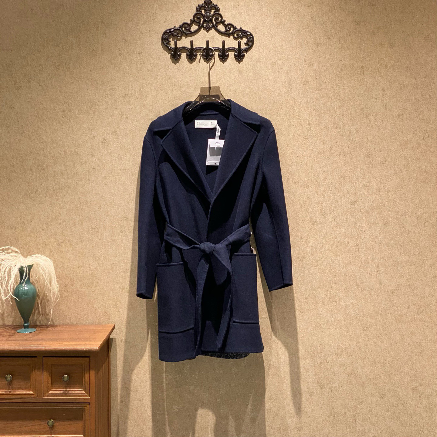 未使用 DIOR/迪奥  蓝色标语logo腰带羊毛大衣/黄金38码/41938
