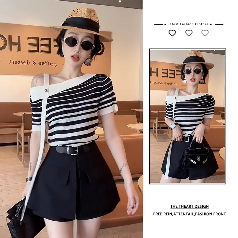 【浅浅专属】夏季新款法式气质飘带斜领露肩针织上衣休闲短裙裤套装