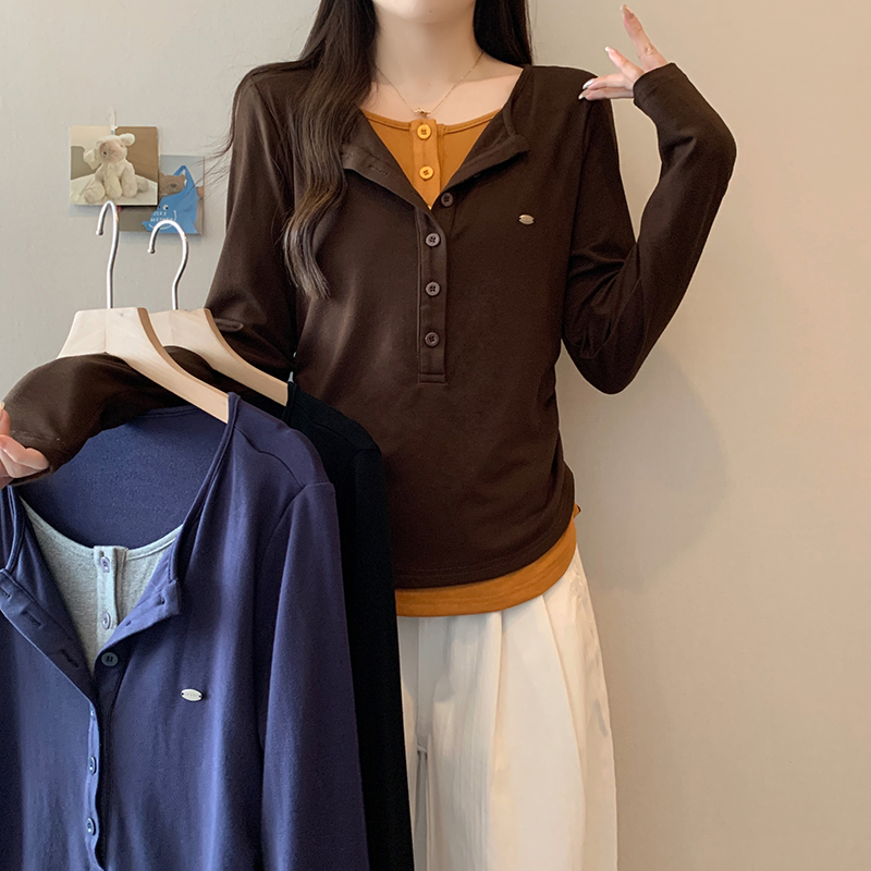 【涵胖胖】秋款胖mm大码女休闲假两件掐腰显瘦弧形长袖T恤 A2538【B】