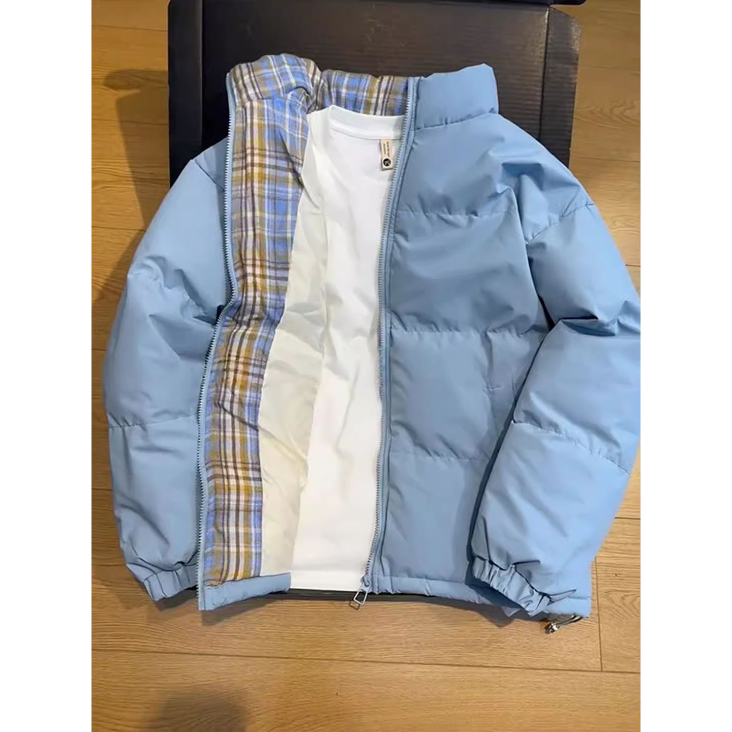 九牧王断码蓝色短款晋江羽绒服男女冬季格子拼接立领面包服嘉兴平