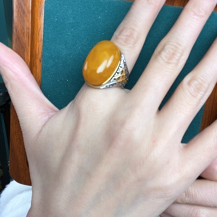 蜜蜡戒指银S925镶嵌戒指