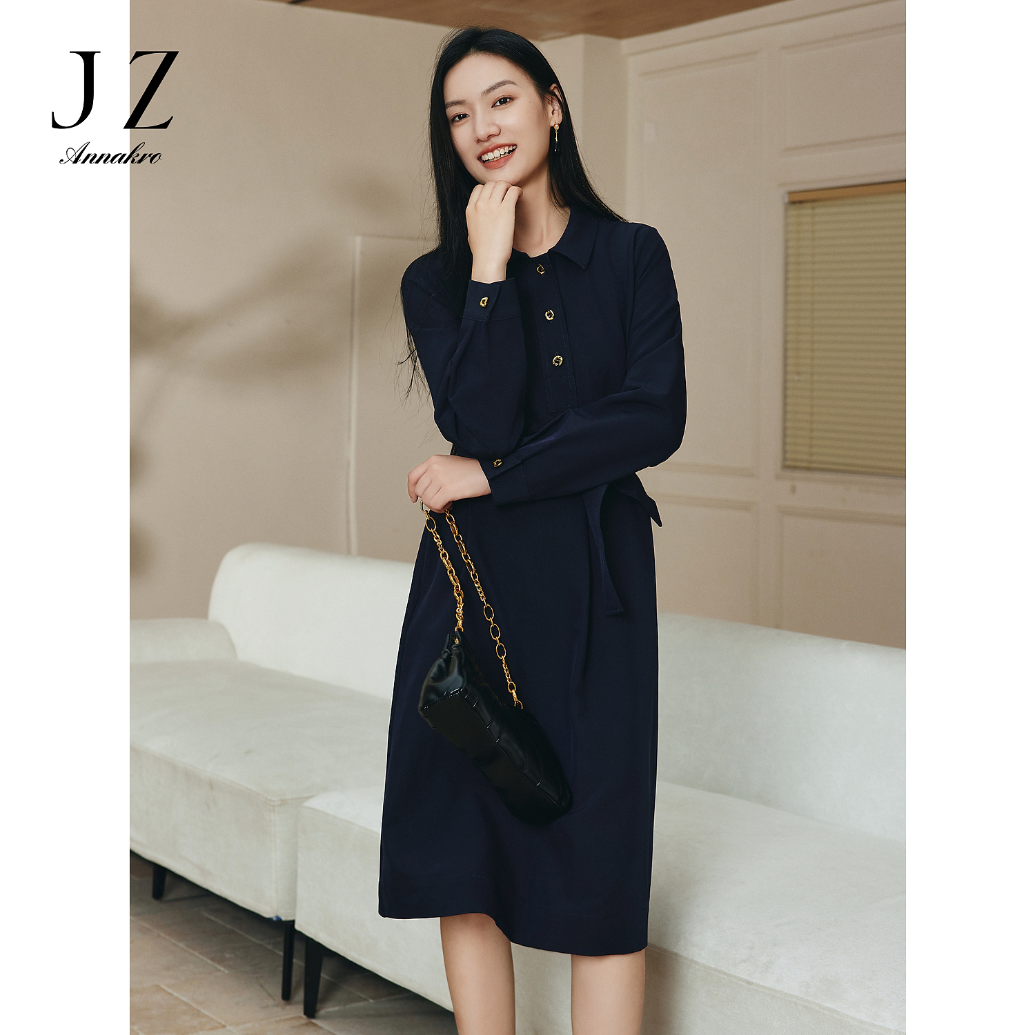 【籽言专属】玖姿安娜蔻JTEC50025POLO领腰带舒弹X型连衣裙女