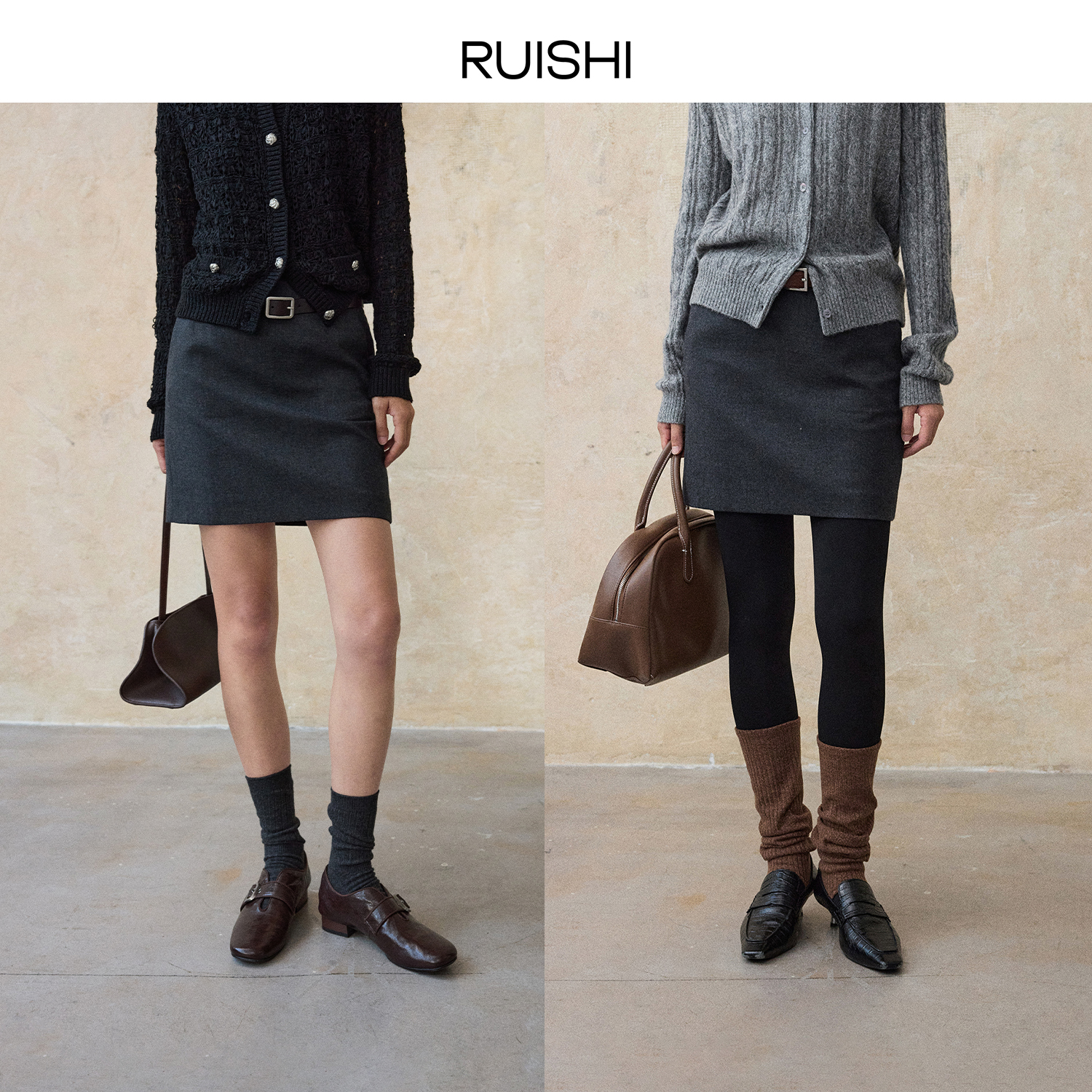 RUISHI芮时摩登型格100细支羊毛百搭高智感半身裙短秋R25C130801