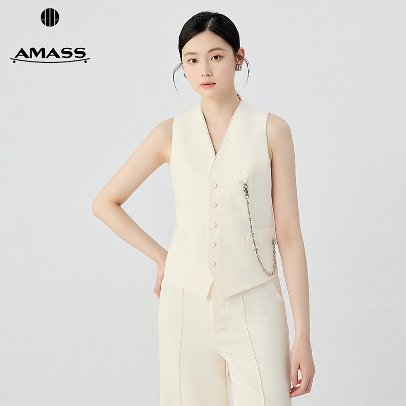 阿玛施AMASS新款金属链条收腰显瘦无袖马甲西装背心外套女540078