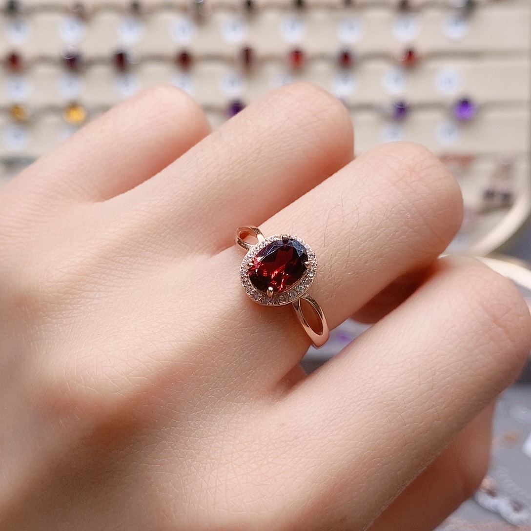 石榴石戒指银S925镶嵌戒指