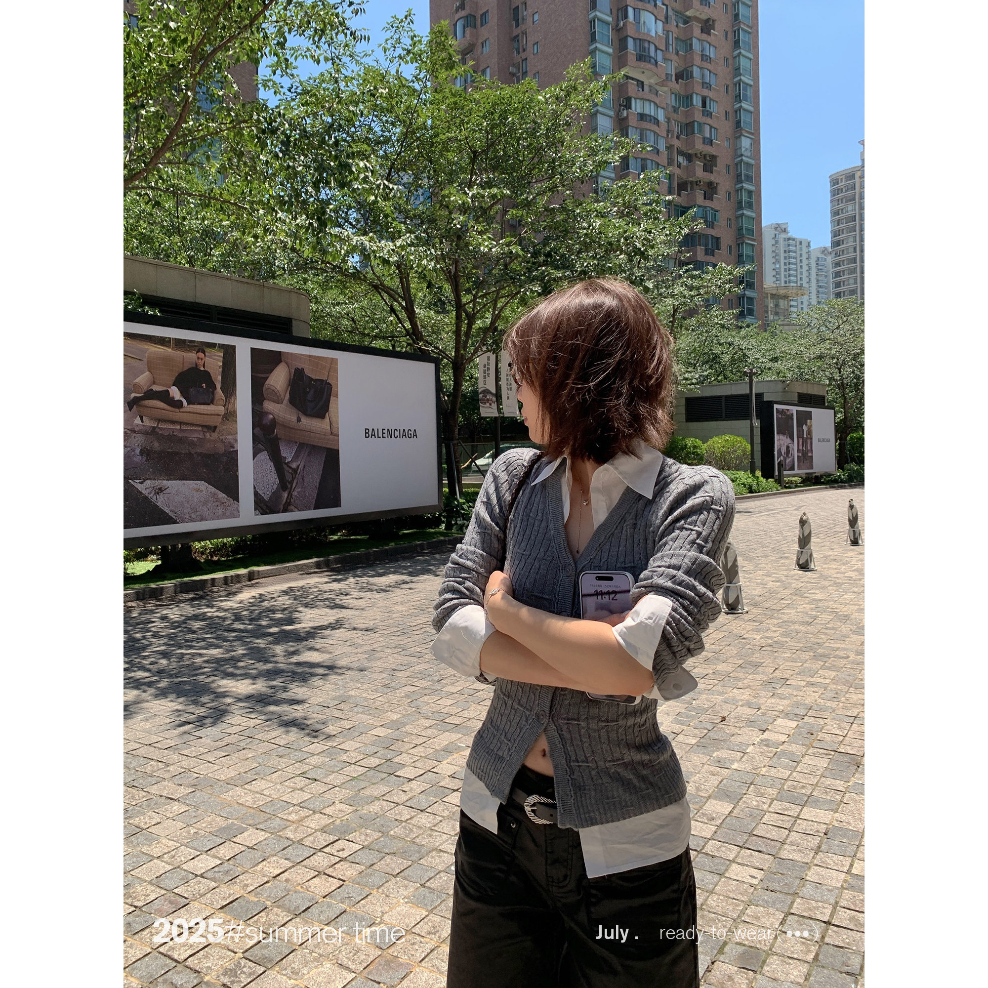 SUNONEONE 拼接假两件系扣针织开衫女早秋套头修身正肩上衣H1265M