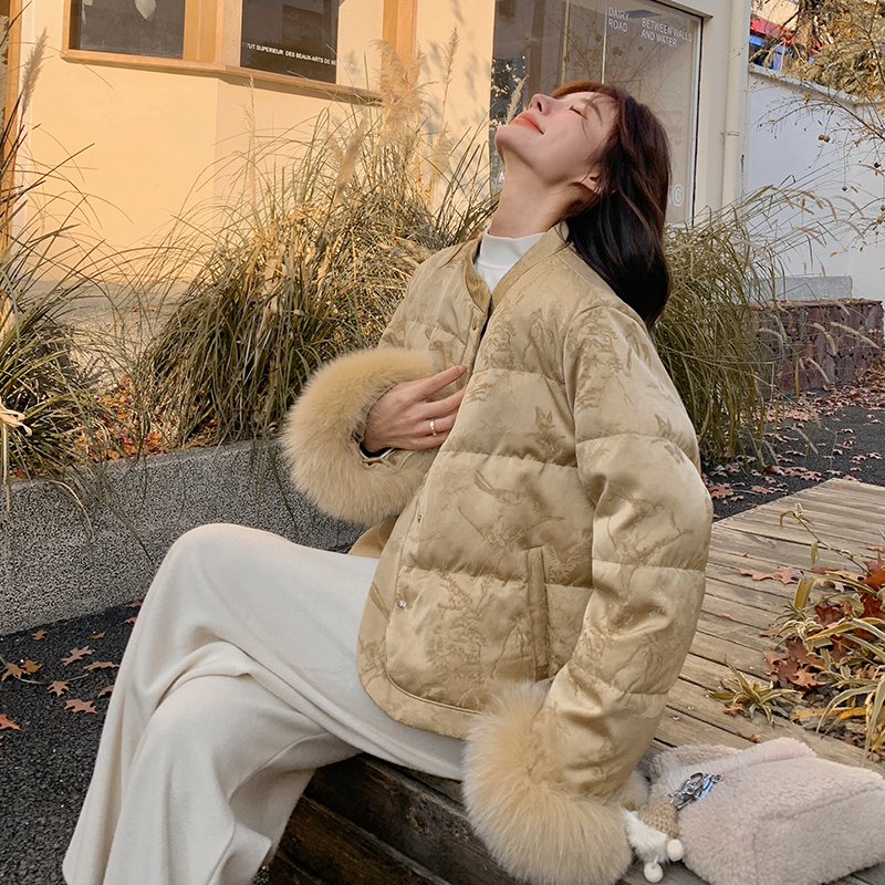新中式新袖口拼接提花棉服2024冬季女毛毛复古国风高端夹棉外套女