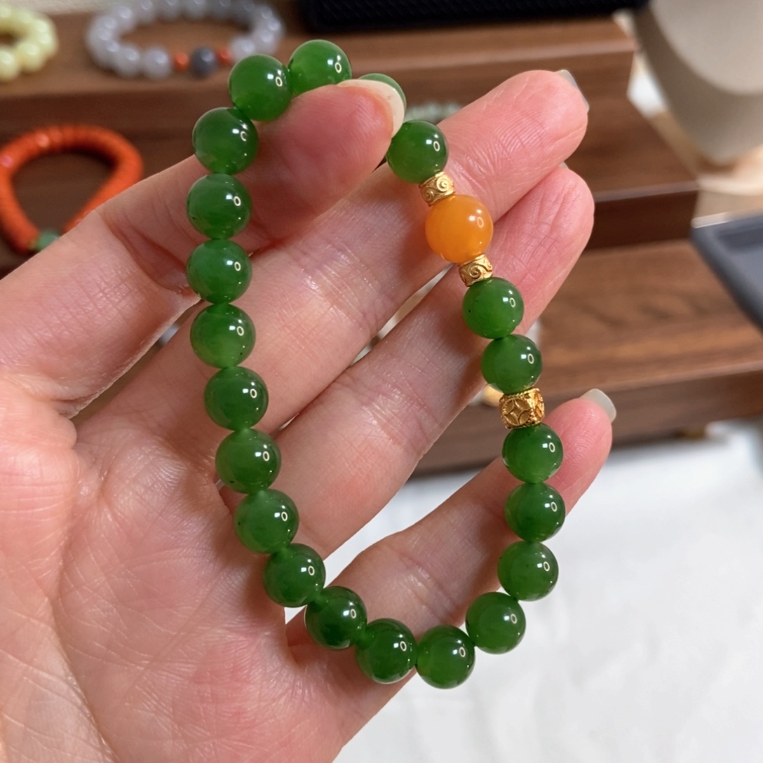 和田玉项链银S925镶嵌福利8mm碧玉有矿点