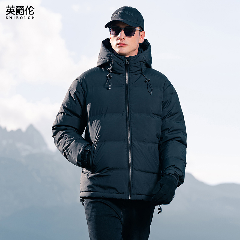 90白鸭绒子连帽羽绒服男冬季肌理感加厚防寒面包服外套短款YR749