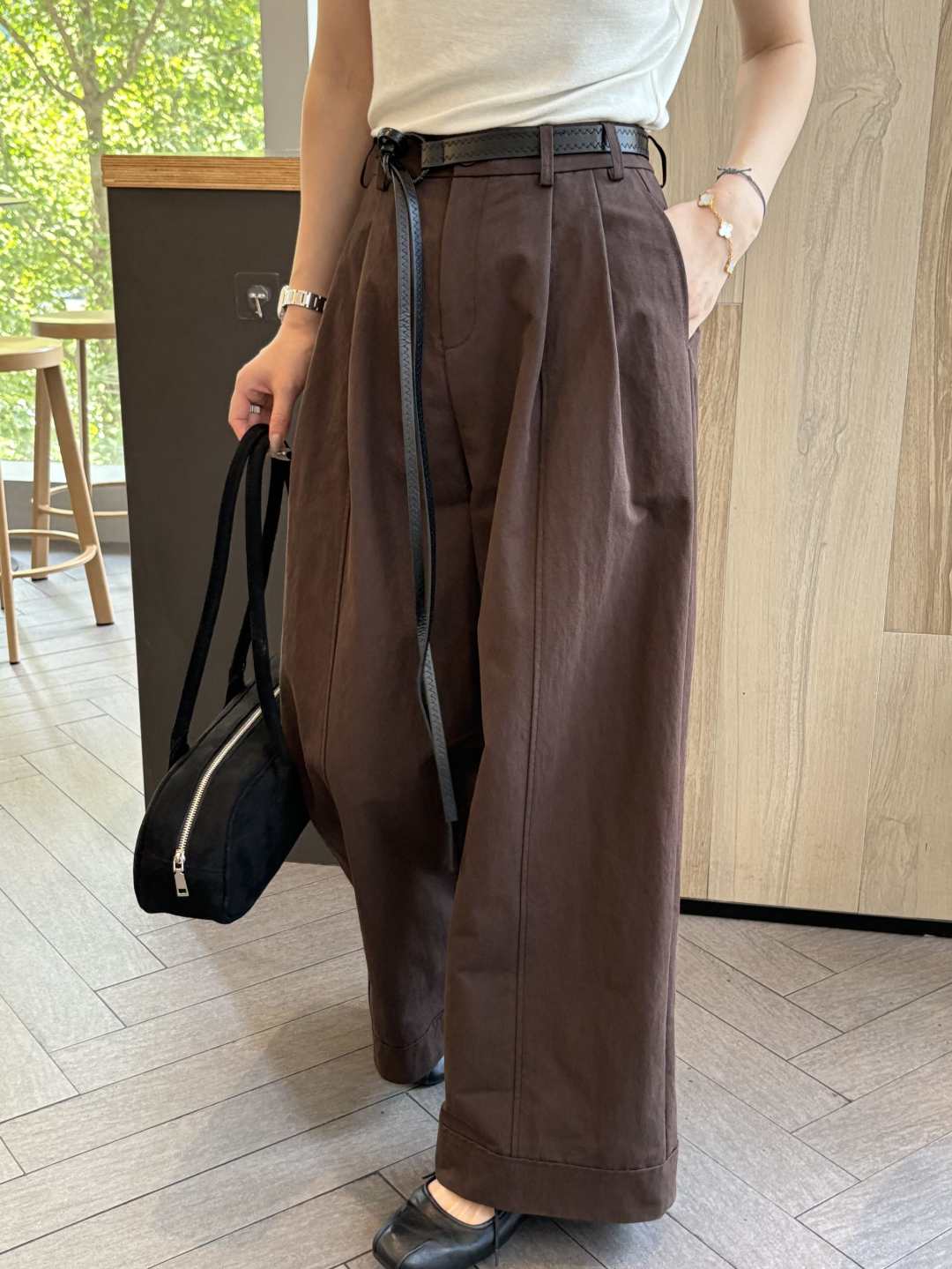 新款配腰带锦棉简约百搭高腰显瘦阔腿休闲长裤女                