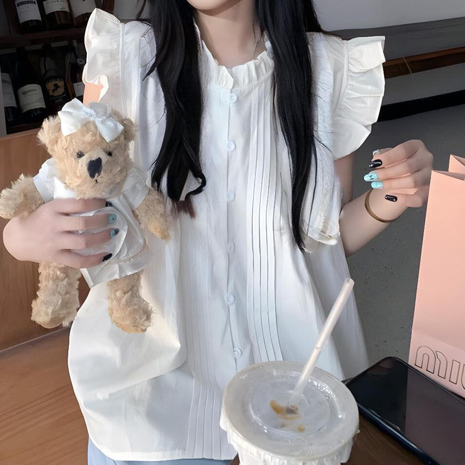 6856#大码 夏季甜美小飞袖白色衬衫女短款无袖娃娃衫别致百搭上衣