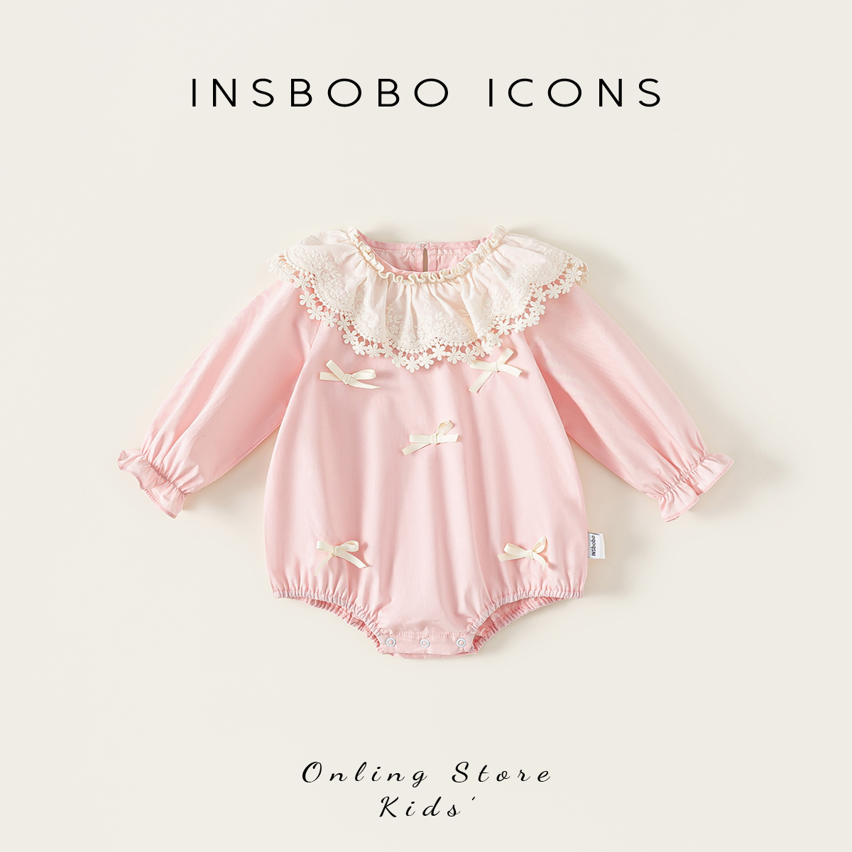INSbobo女童爬服秋季可爱花边领蝴蝶结装饰三角长袖爬服潮QY15022