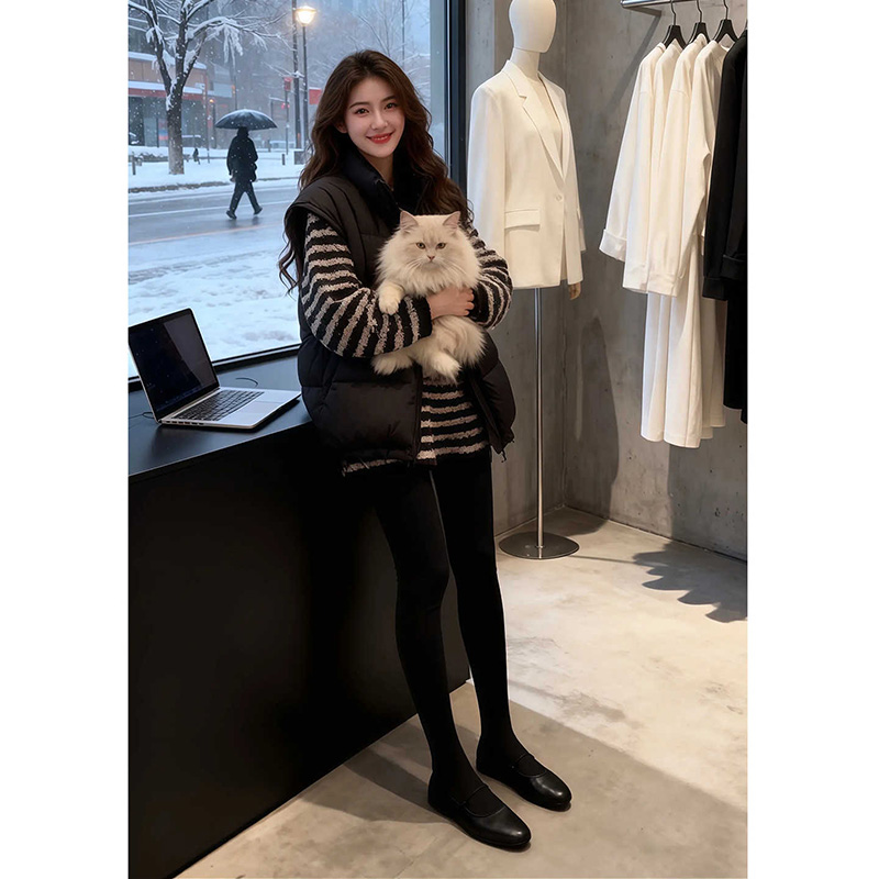 秋冬穿搭一整套女2025新款圆领条纹针织衫叠穿马甲打底裤三件套