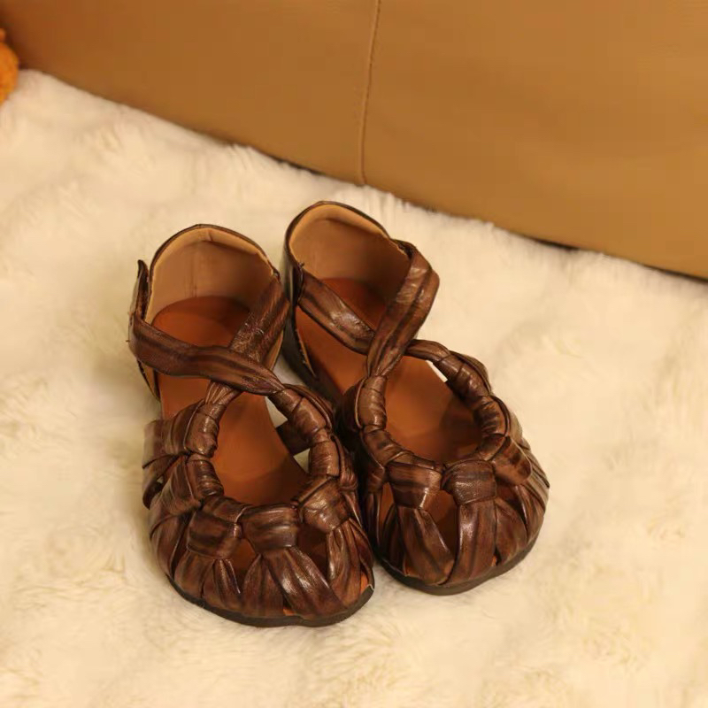 5911-1牛皮编织魔术贴包头女凉鞋罗马凉鞋