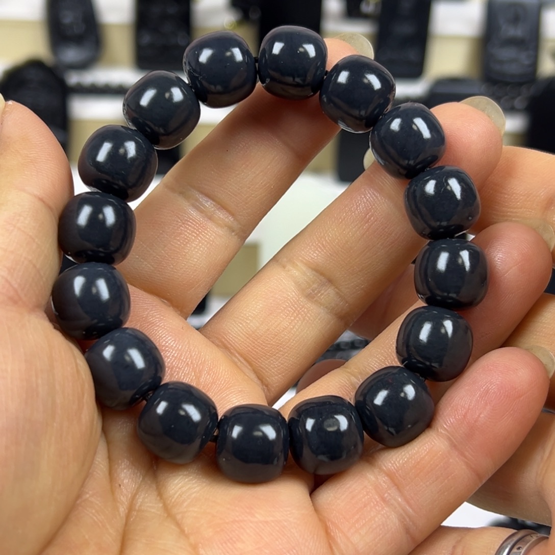 和田玉（墨玉）未镶嵌颈饰卡14老型手串灰调