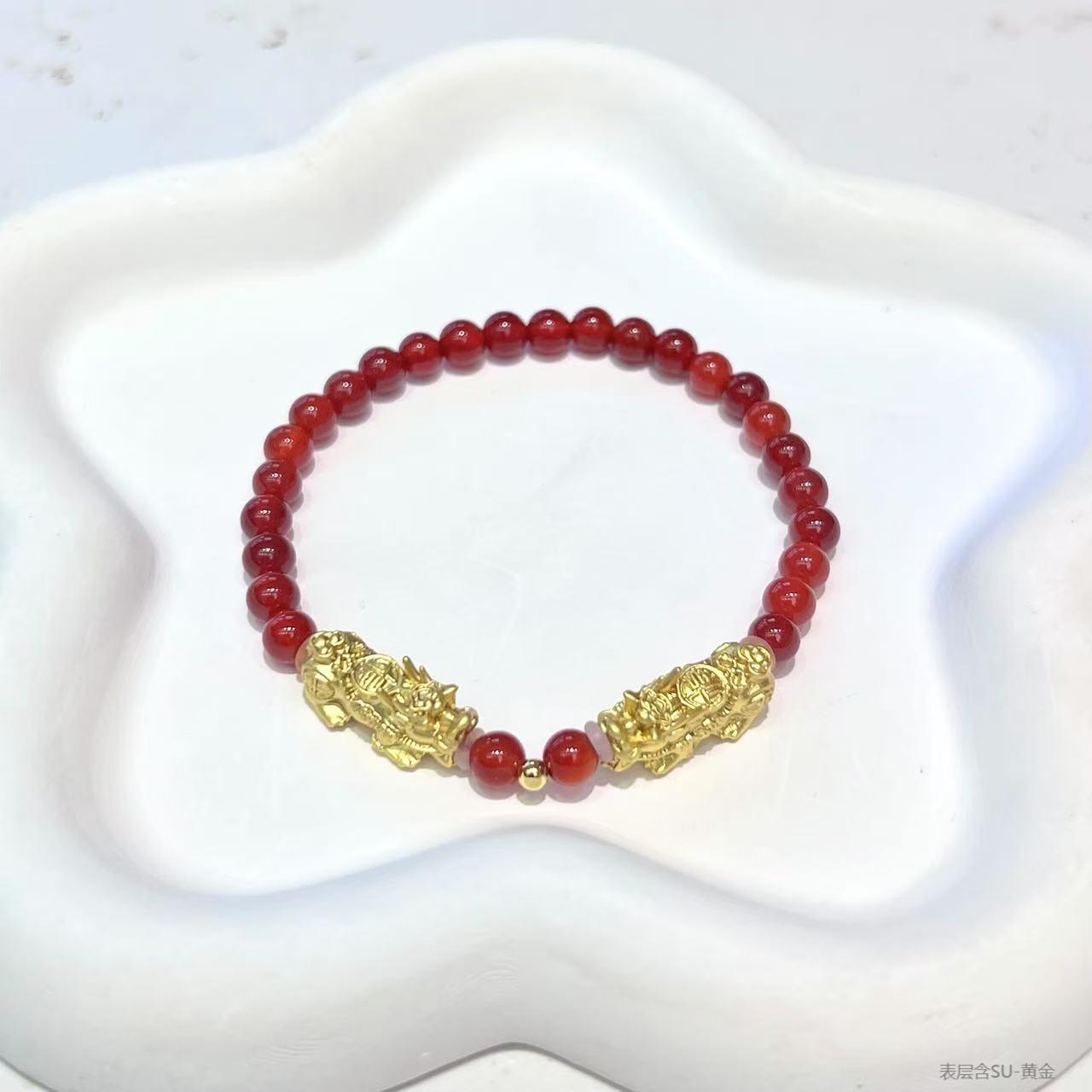 【顺丰包邮】黄金卡3金珠3D硬金工艺红玛瑙双貔貅手串（标配证书）Z16
