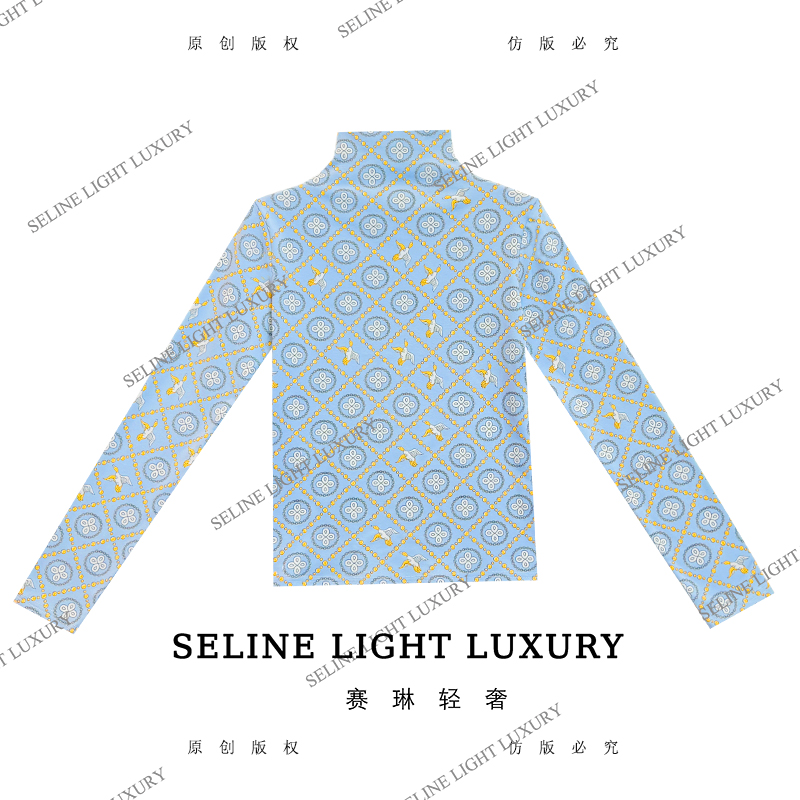 【25Q-756】七 2025 SELINE 原创天蓝色复古气质轻奢高领长袖T恤