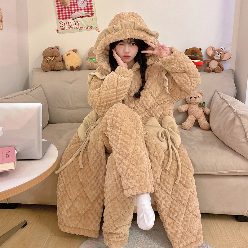 【咖珍珠7688款冬季睡衣女】三层加厚加绒夹棉睡衣套装气质可外穿