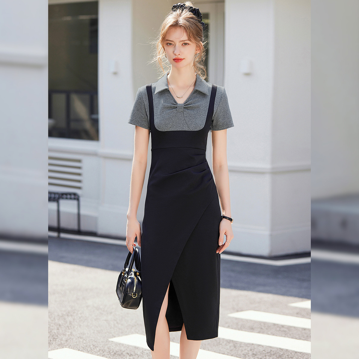 【芋总专属】&白鹿语撞色拼接开叉长裙25夏修身连衣裙YU20130