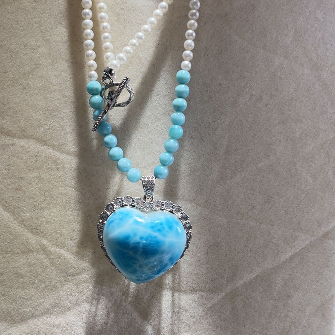 针钠钙石（海纹石）银S925镶嵌颈饰大气款