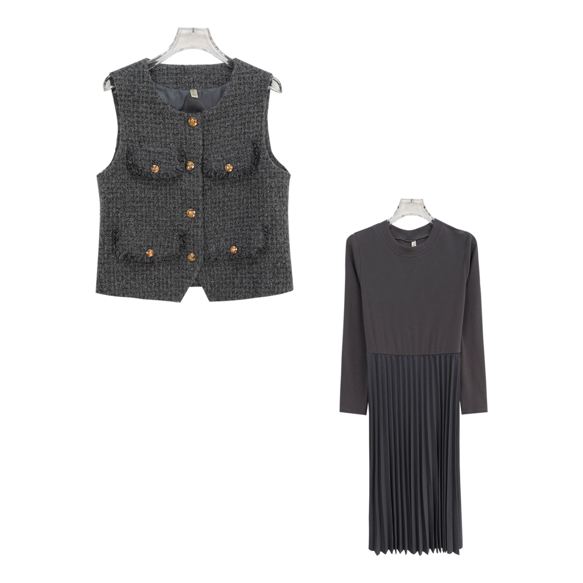 秋季新款小香风马夹拼接长袖连衣裙套装S1154