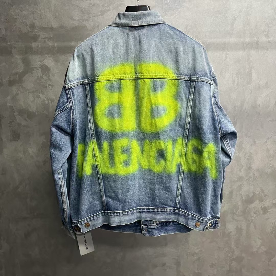 未使用 Balenciaga/巴黎世家 蓝色水洗做旧字母刺绣牛仔外套/XS/S