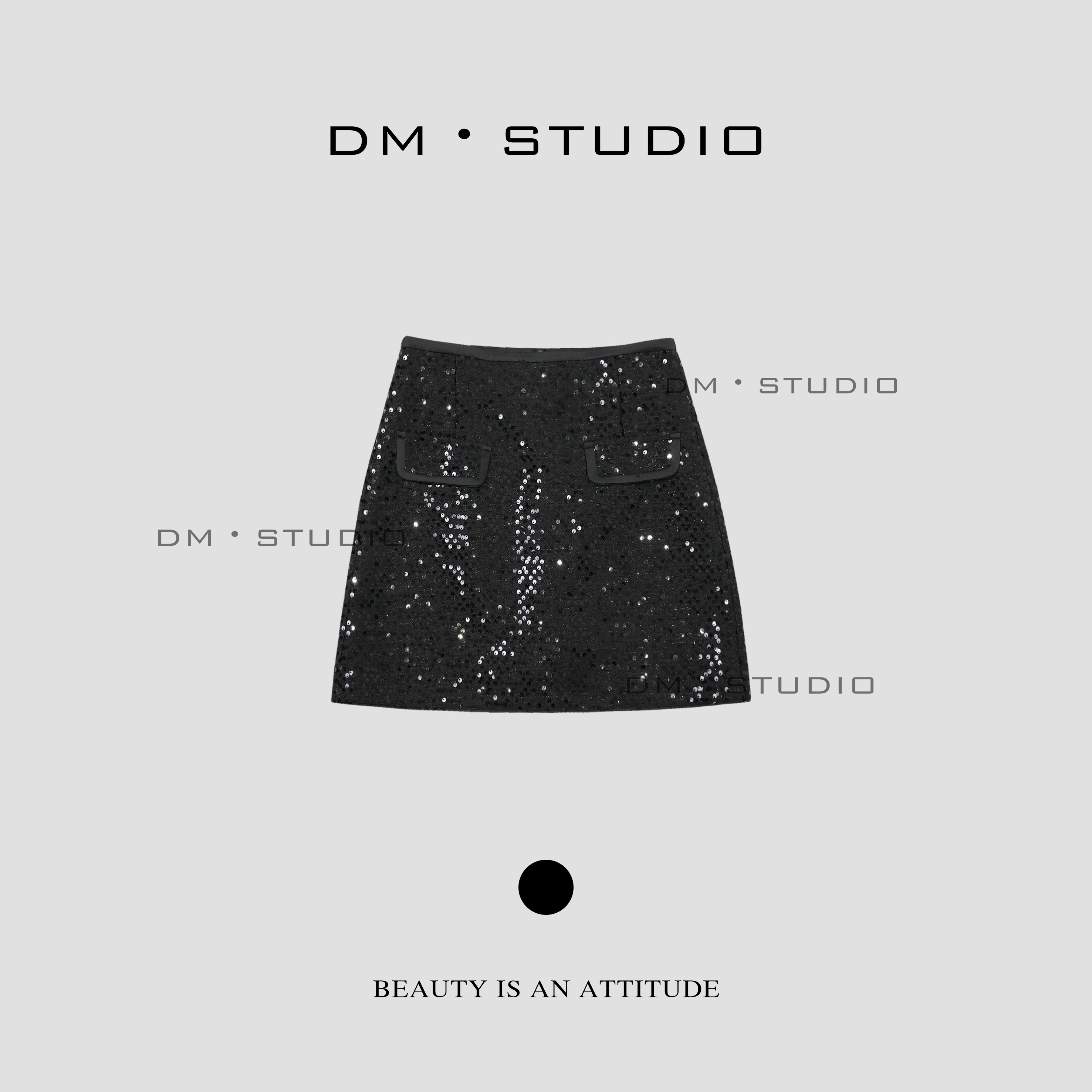 DEDM•STUDIODM/精致显瘦气质A字复古重工亮片短裙（61003）