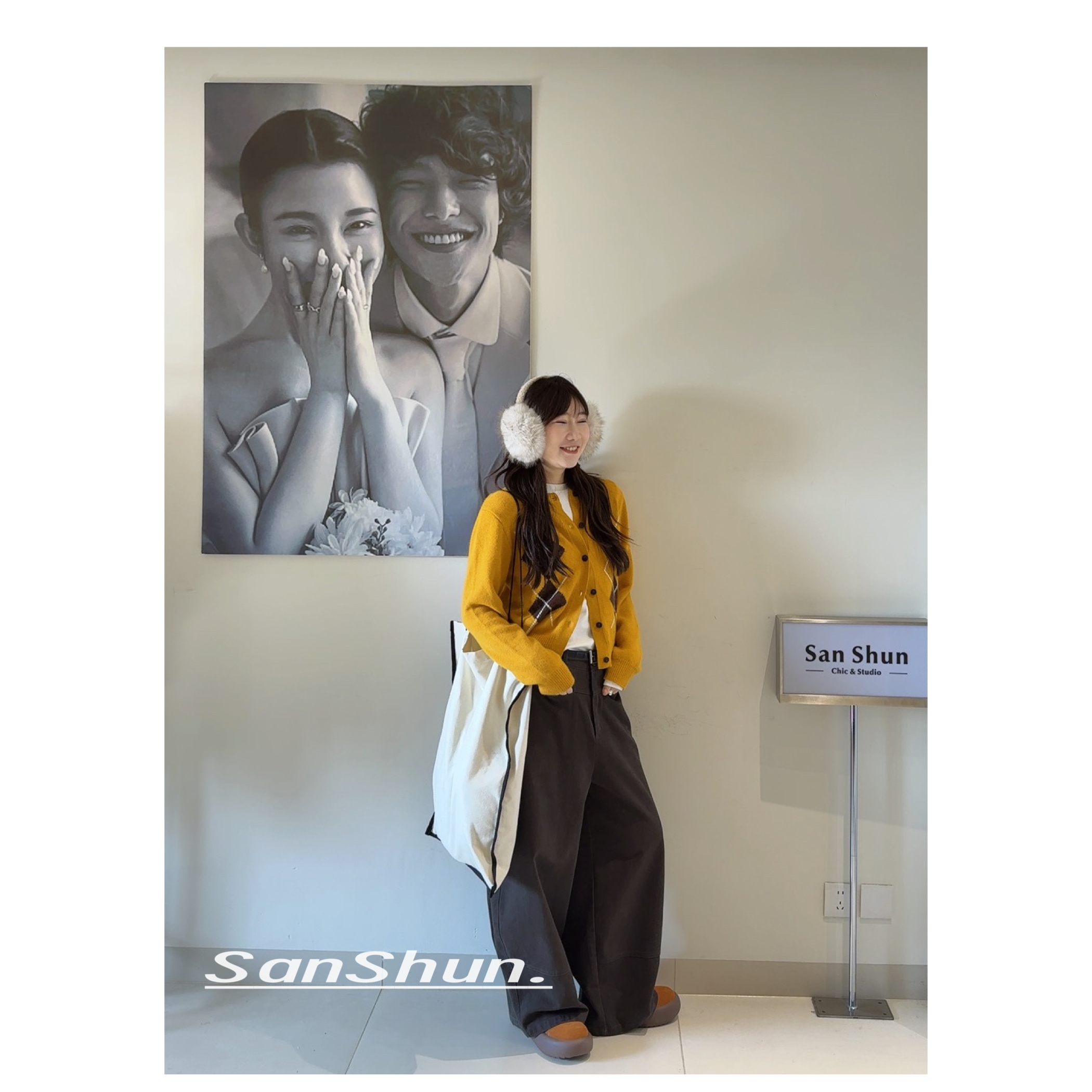 Sanshun-（菱格开衫)－ 正肩袖极简风毛针织衫宽松型针织开衫款常规