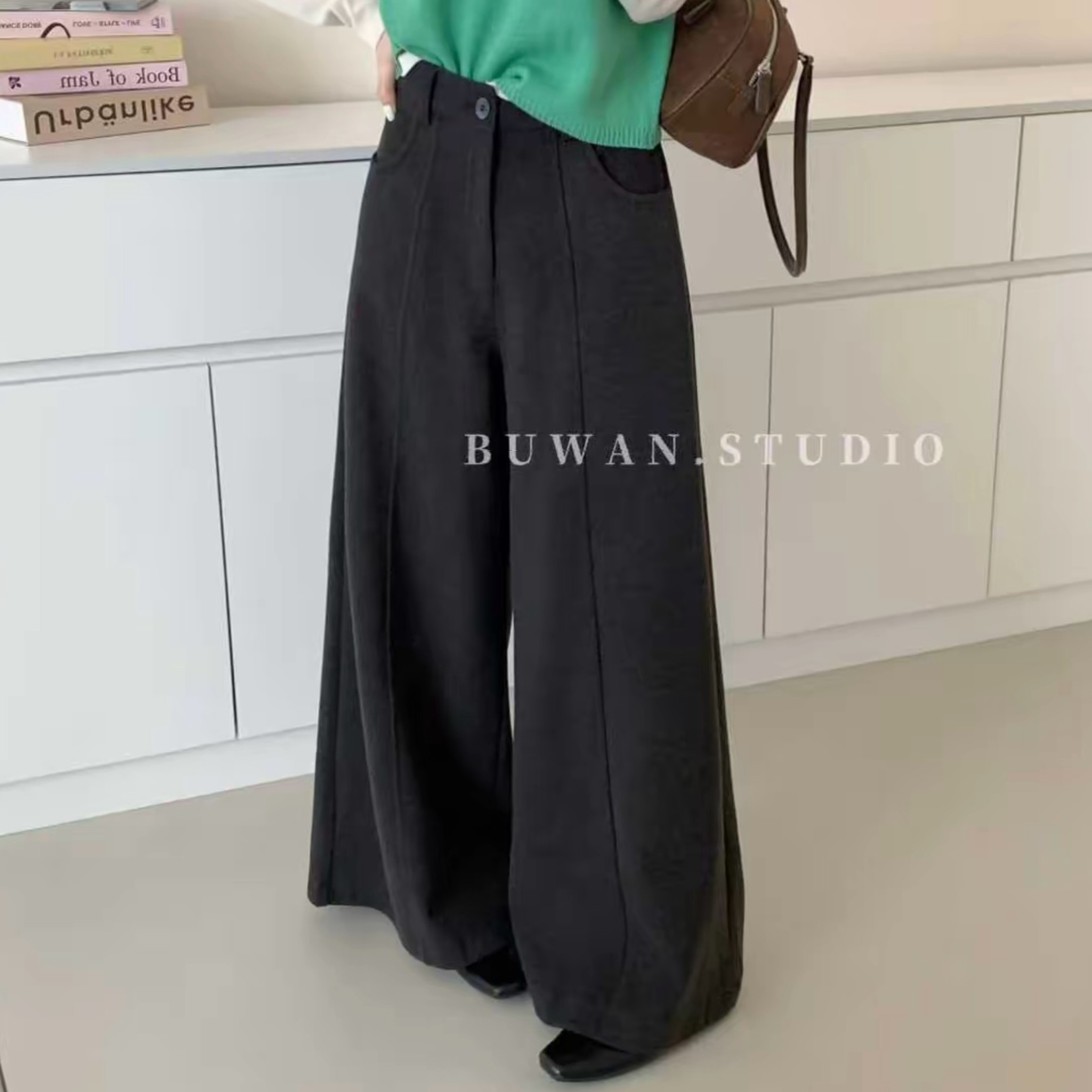 【超模腿】秋季慵懒风气质平腰呢子休闲裤直筒微阔腿裤拖地裤