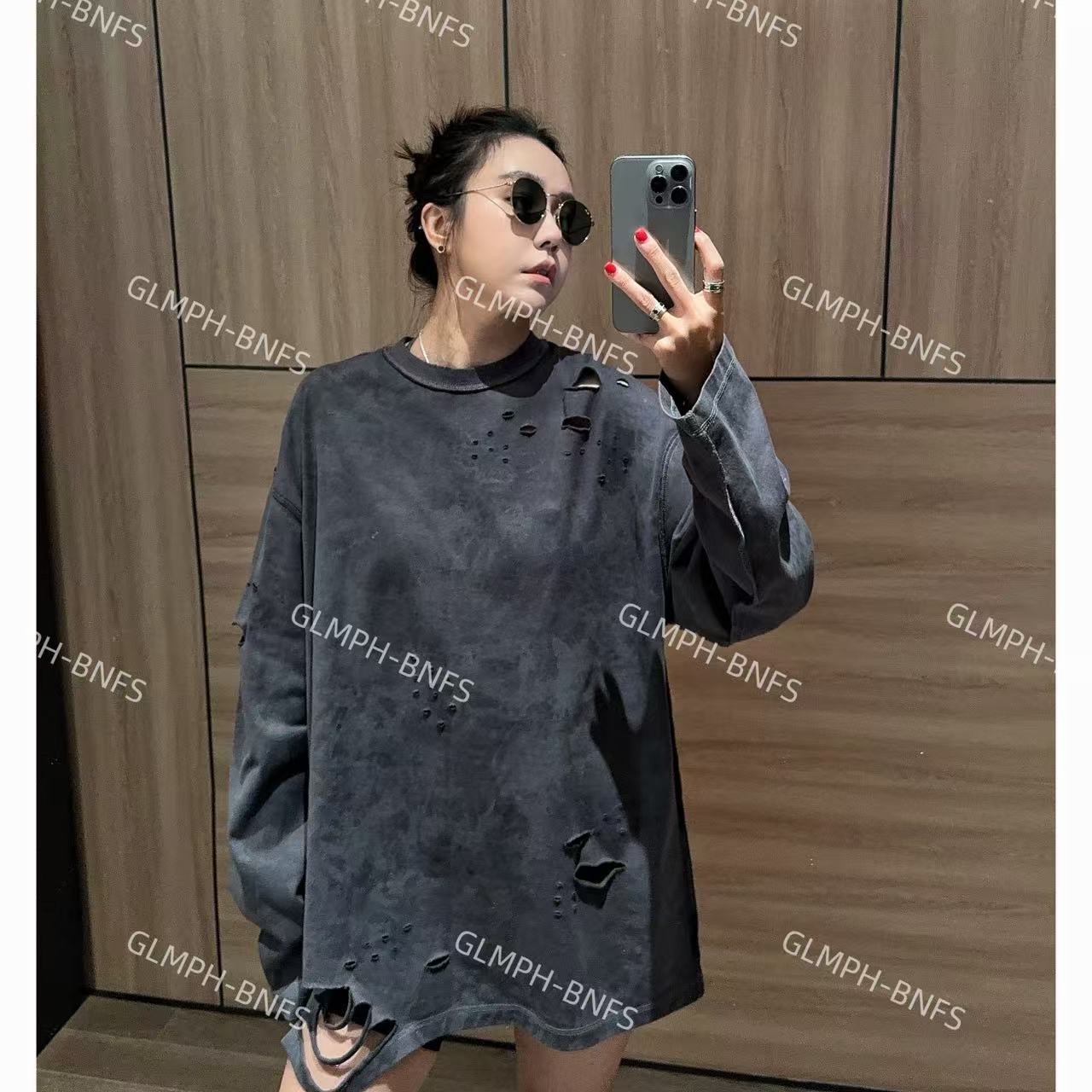 GLMPH-BNFS【破洞打底】简约破洞宽松圆领长袖休闲百搭上衣-721