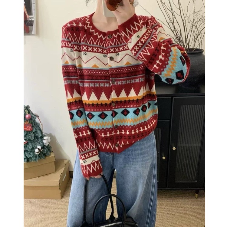 【超细绵羊毛】费尔岛复古民族风提花圆领针织开衫女秋冬毛衣外套