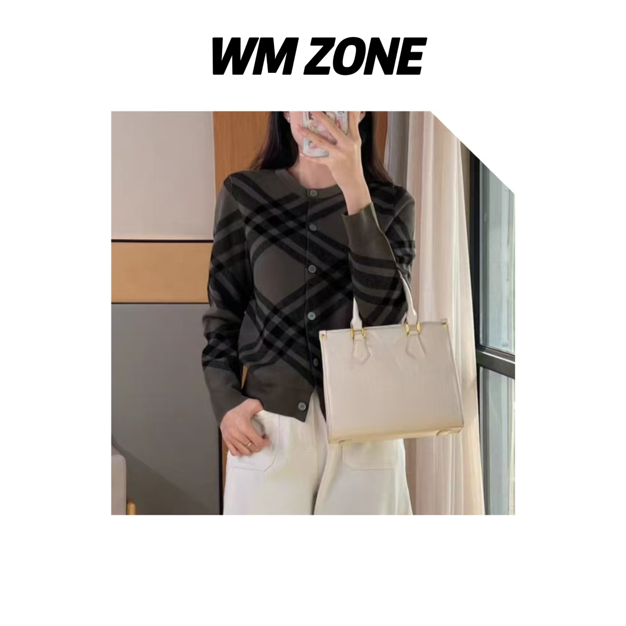 WM 3-3-3867 拼色复古菱形格圆领针织开衫