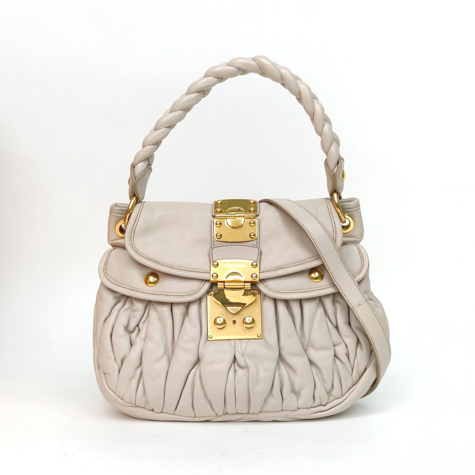 95新 MIU MIU/缪缪 【娇】 米白色 皮革S 手提包褶皱 元宝包 130723