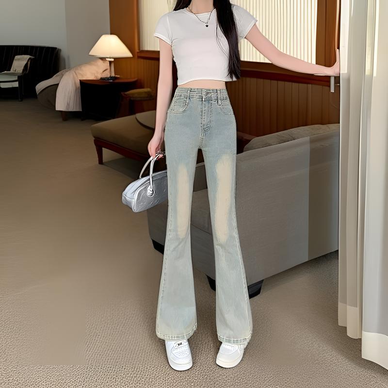 春秋美式复古高街微喇叭牛仔裤女秋季小个子秋冬宽松直筒阔腿裤子