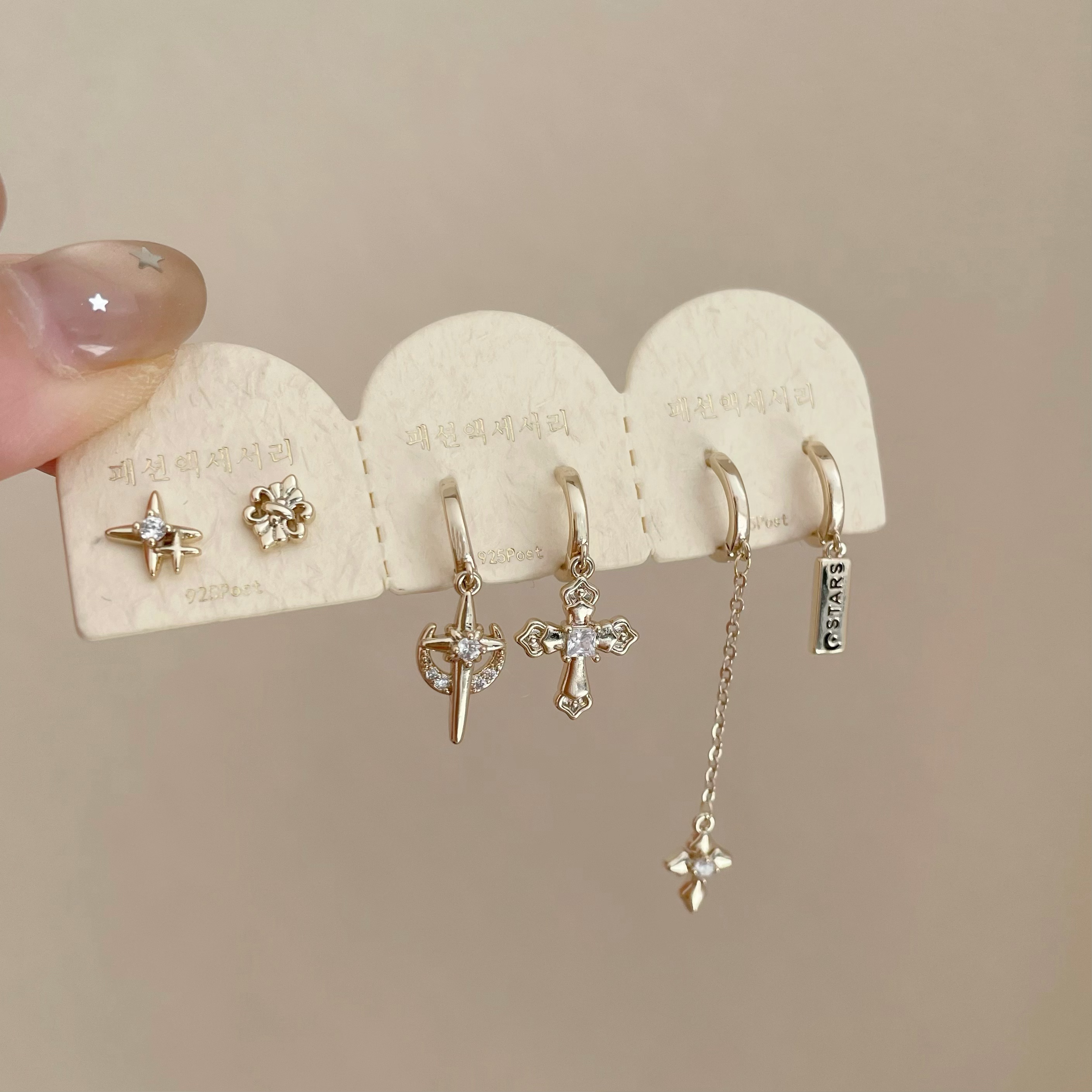 铜合金耳饰 D2139 咖金十字架六件套绝美秋冬高级气质套装耳饰