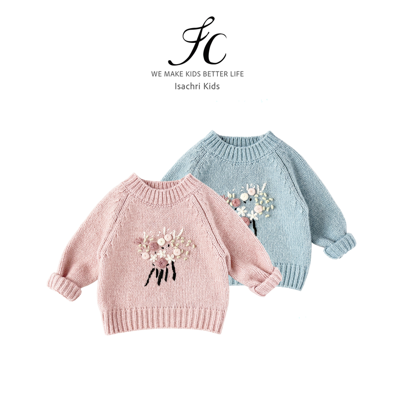 晶晶家【爱恋】手工绣花~儿童圆领套头毛衣秋冬女童针织衫宝宝IS922