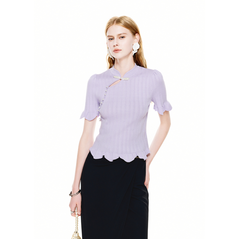 MISSCOCOON新中式盘扣荷叶边针织衫0242