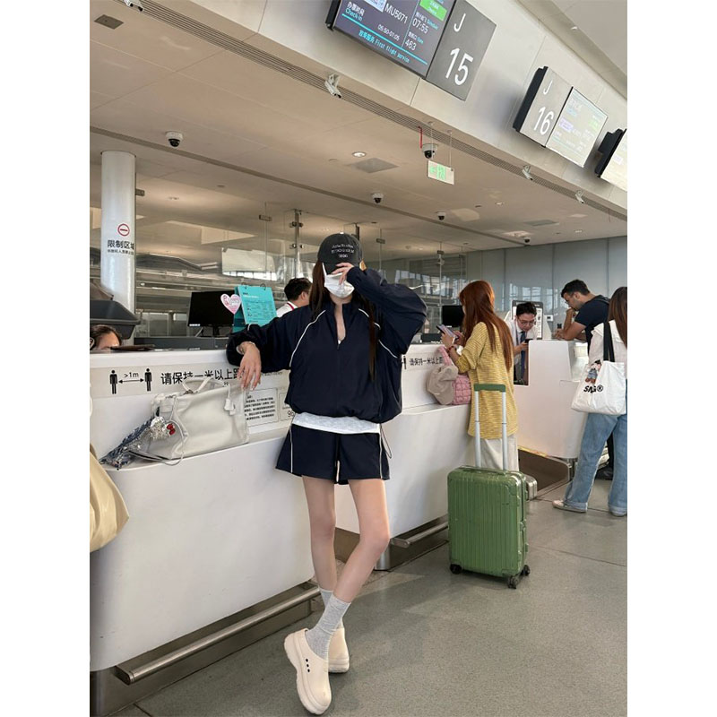 连帽运动速干防晒时尚套装女夏季小个子休闲阔腿短裤薄外套两件套