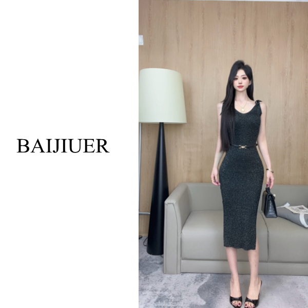 【BAIJIUER】气质女人味吊带V领针织裙氛围感绑带修身开叉包臀裙