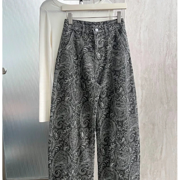 1708#美式腰果花纹弯刀牛仔裤女2025早秋新款设计感宽松阔腿裤