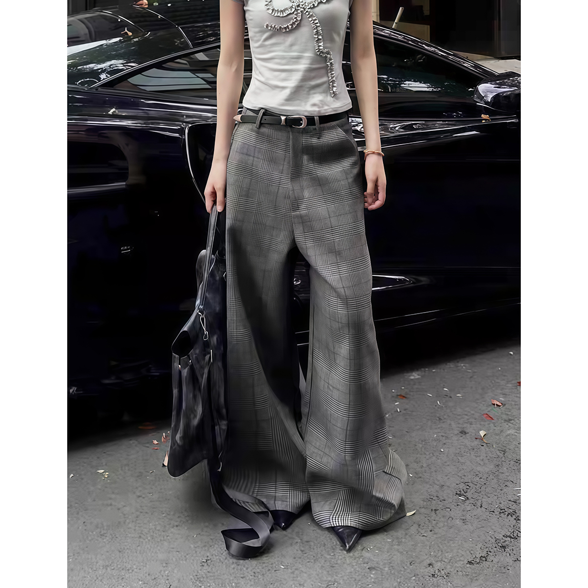 美式复古灰色格纹阔腿休闲长裤女春秋慵懒宽松高级拖地条纹西装裤