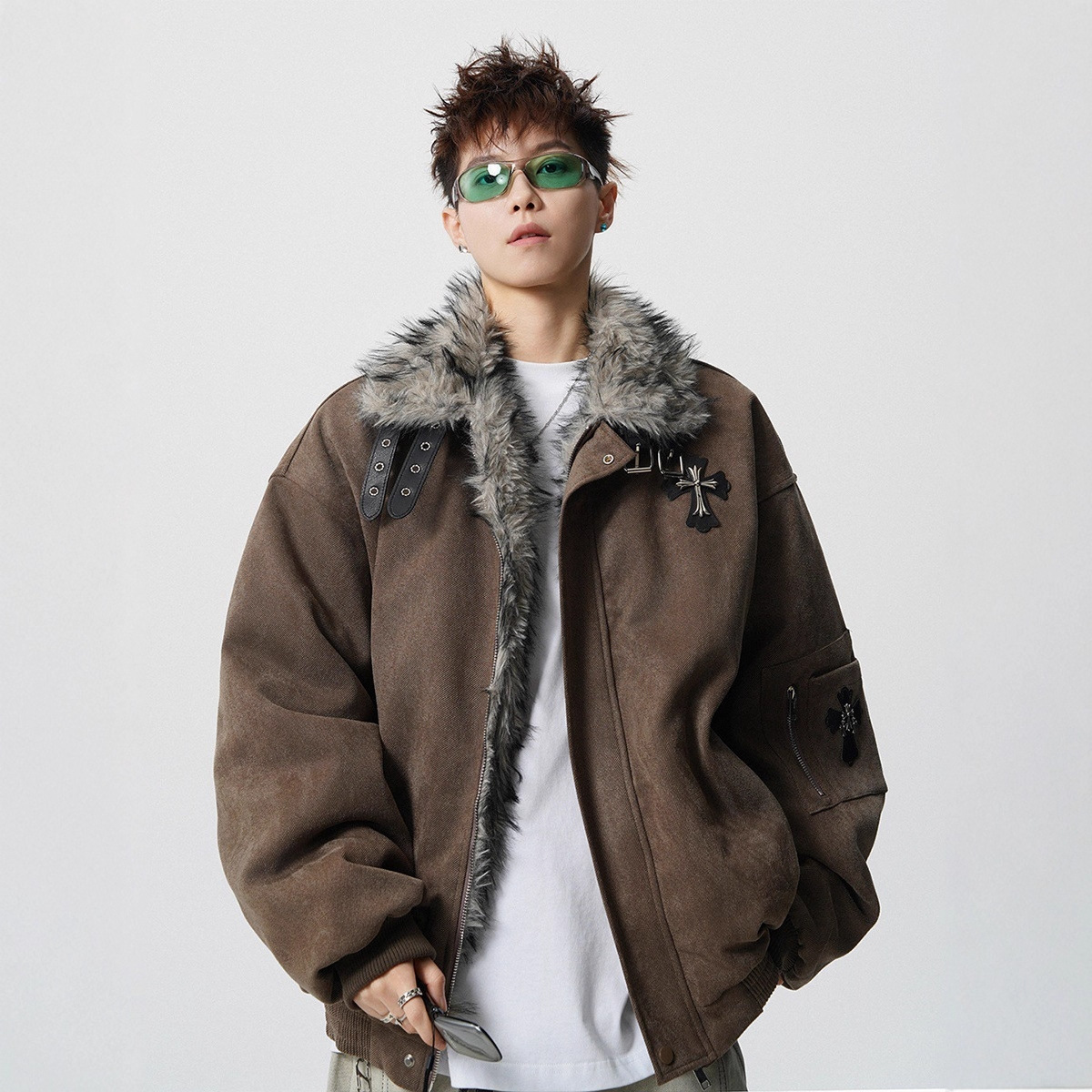 VIVIKIMER毛领美式座山雕外套男女十字架加厚夹克冬季新款棉服