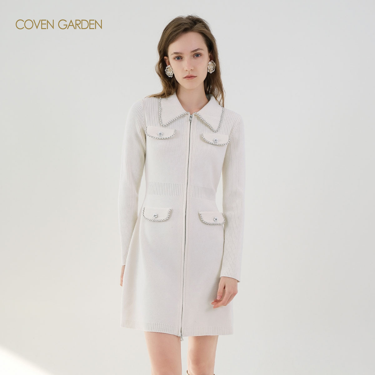 哥文花园白色毛针织连衣裙CSC1032298